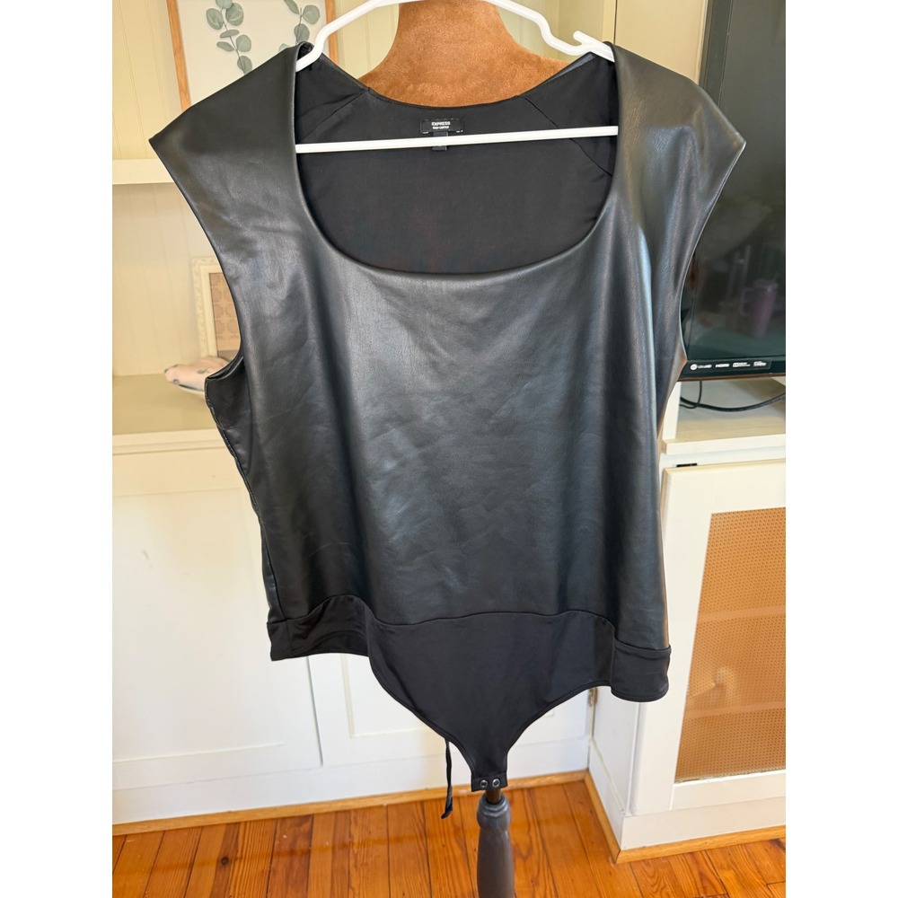 Express Body Contour Black Faux Leather Square Neck Bodysuit XL